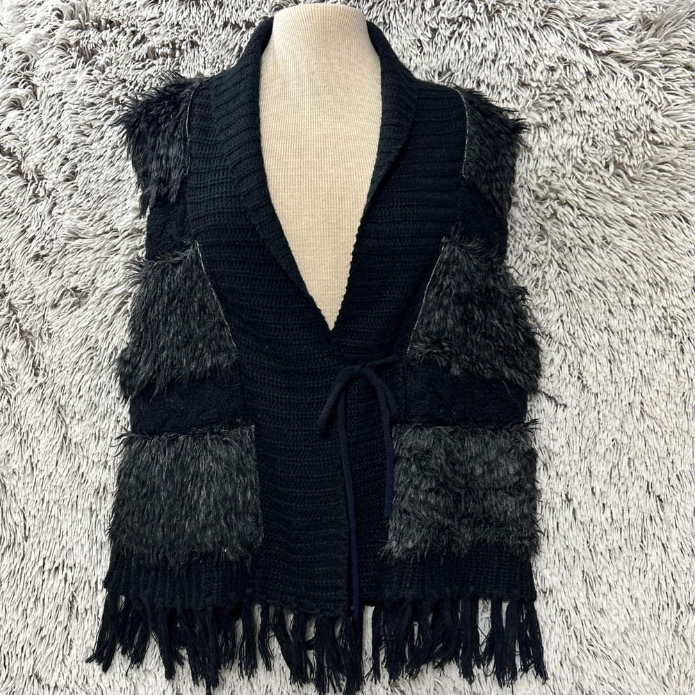 Jennifer Lauren Plus‎ Women's Black Faux Fur Knitted Vest Size 2X Fringe Boho